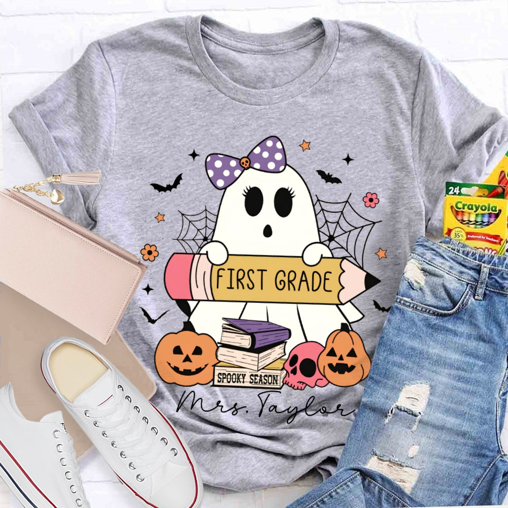 Personalized Name And Grade First Grade Cute Ghost Holding A Pencil Halloween T-shirt