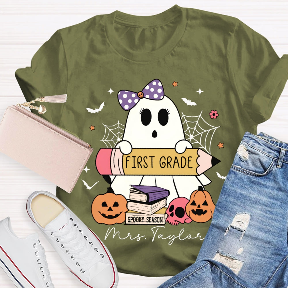 Personalized Name And Grade First Grade Cute Ghost Holding A Pencil Halloween T-shirt