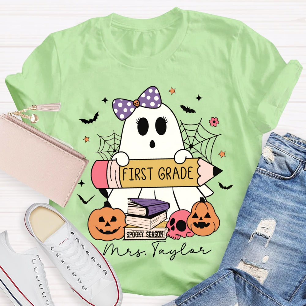 Personalized Name And Grade First Grade Cute Ghost Holding A Pencil Halloween T-shirt