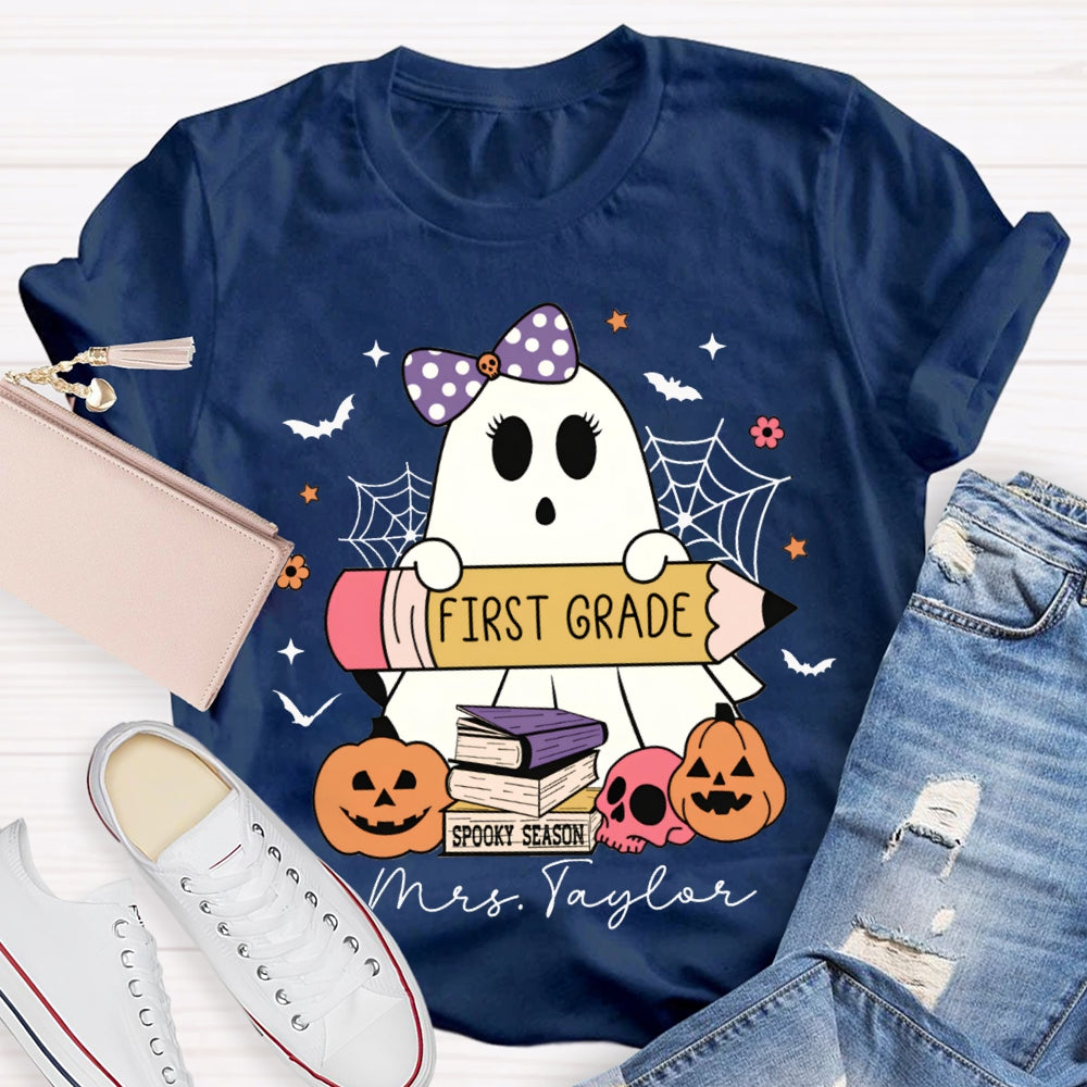 Personalized Name And Grade First Grade Cute Ghost Holding A Pencil Halloween T-shirt