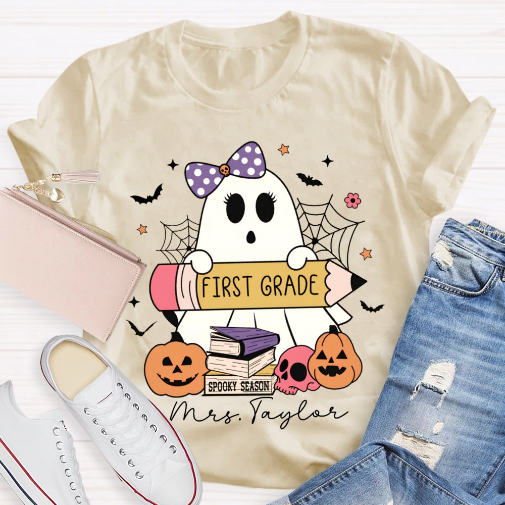 Personalized Name And Grade First Grade Cute Ghost Holding A Pencil Halloween T-shirt