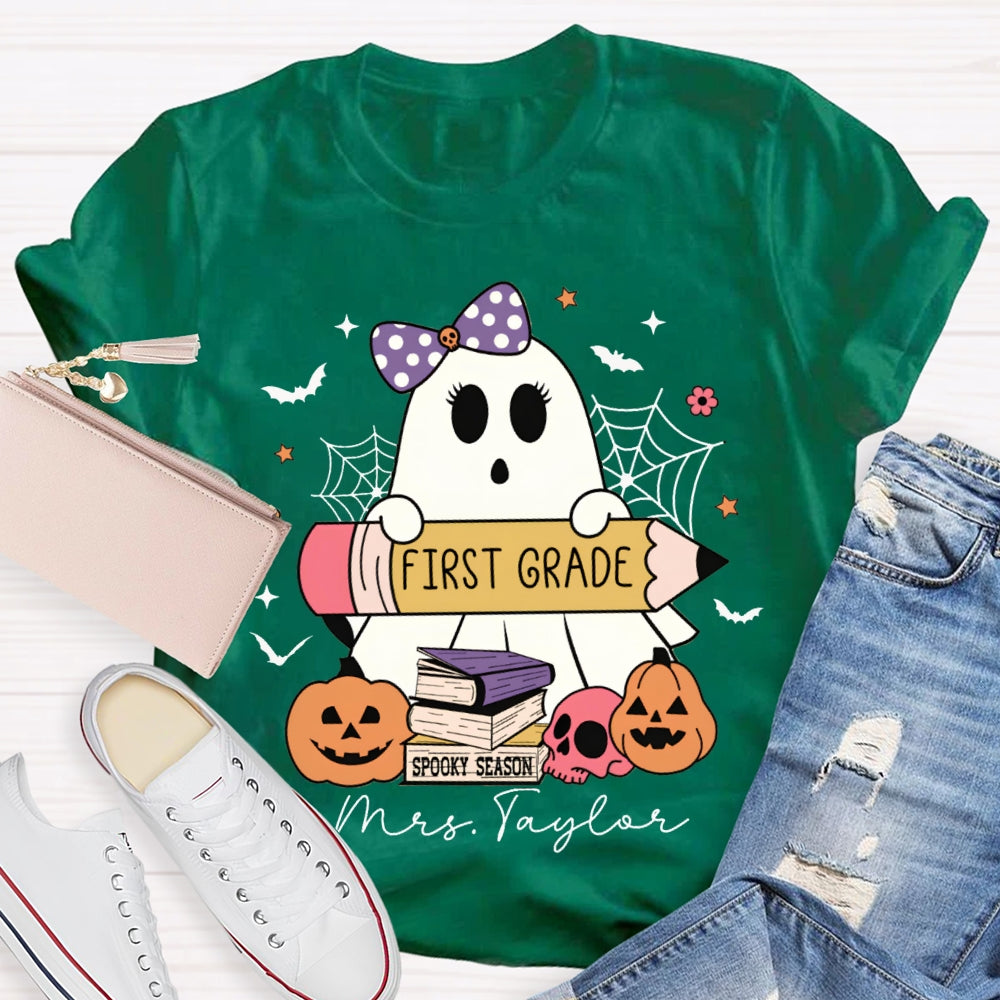 Personalized Name And Grade First Grade Cute Ghost Holding A Pencil Halloween T-shirt