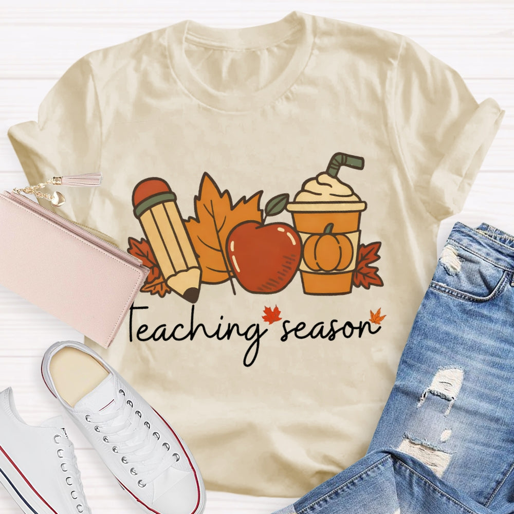 Teaching Season Pumpkin Coffee Cup And Maple Leaves Halloween T-shirt