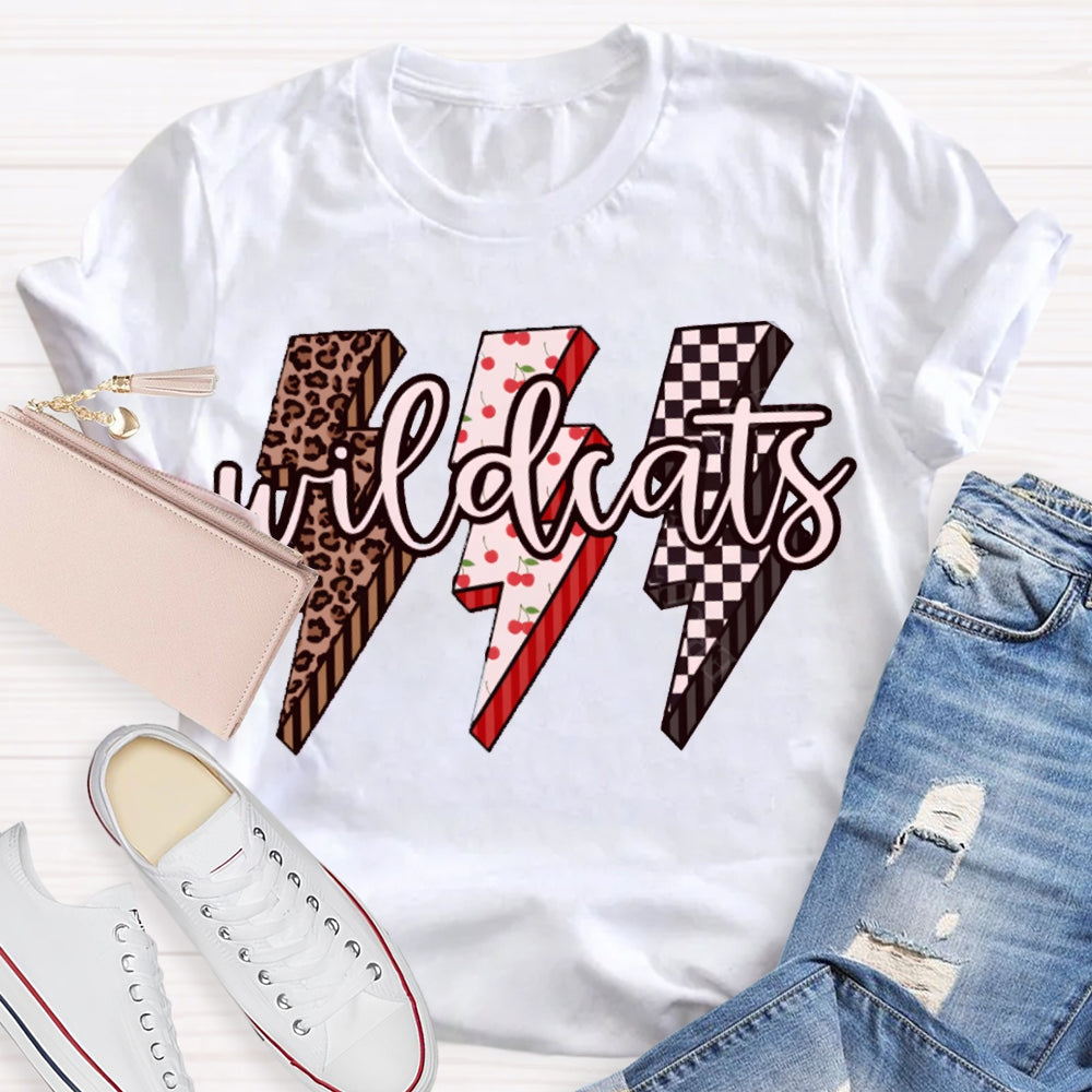 Personalized Mascot Wild Cats Leopard And Plaid Lightning Print T-shirt