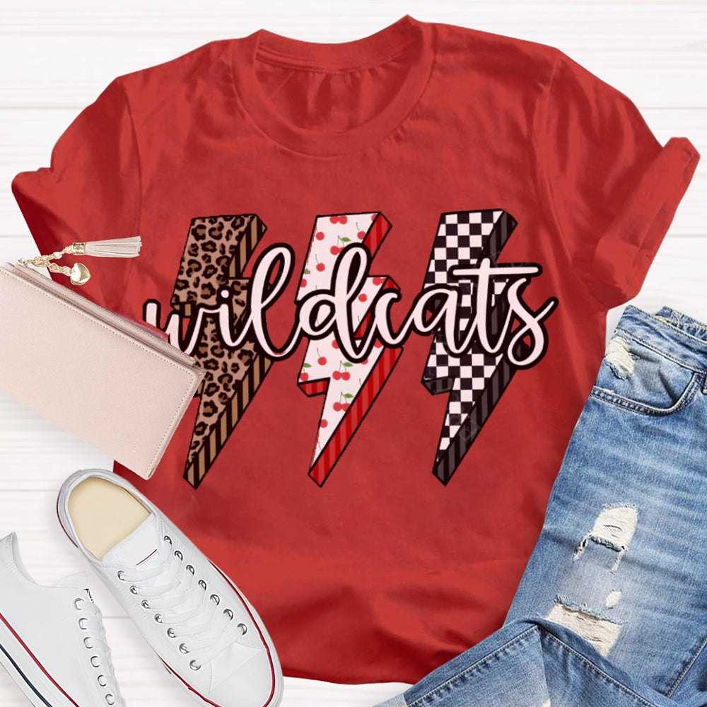 Personalized Mascot Wild Cats Leopard And Plaid Lightning Print T-shirt