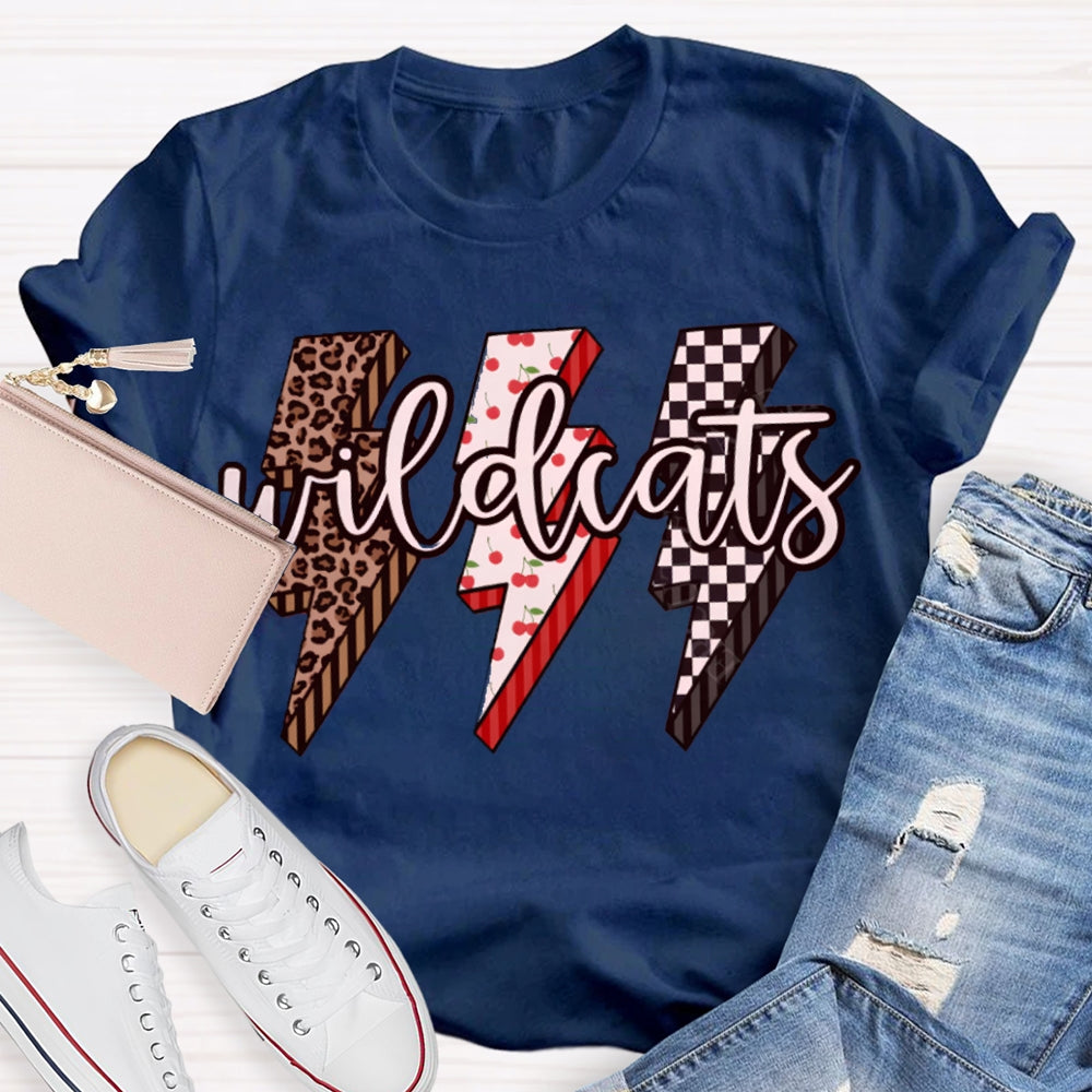 Personalized Mascot Wild Cats Leopard And Plaid Lightning Print T-shirt