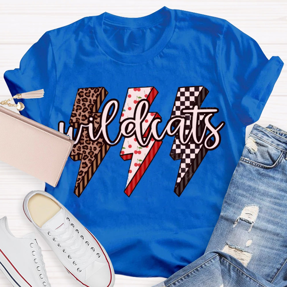 Personalized Mascot Wild Cats Leopard And Plaid Lightning Print T-shirt