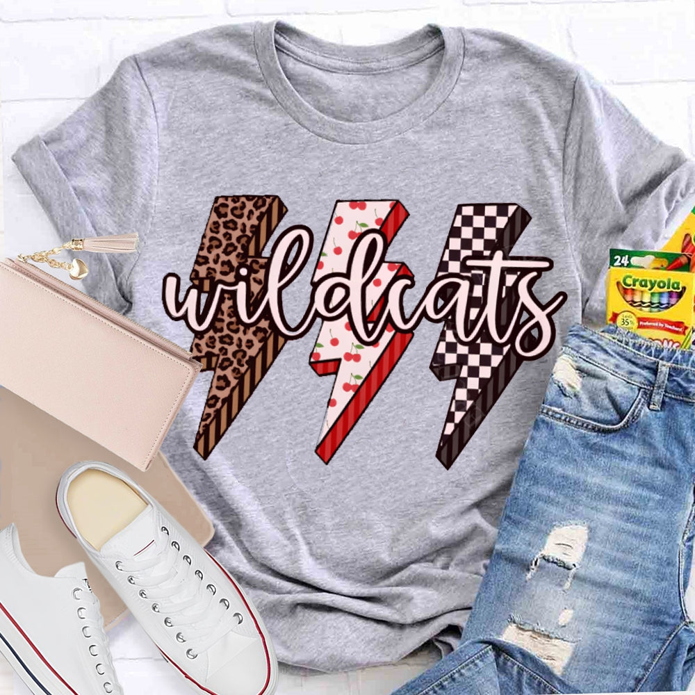 Personalized Mascot Wild Cats Leopard And Plaid Lightning Print T-shirt