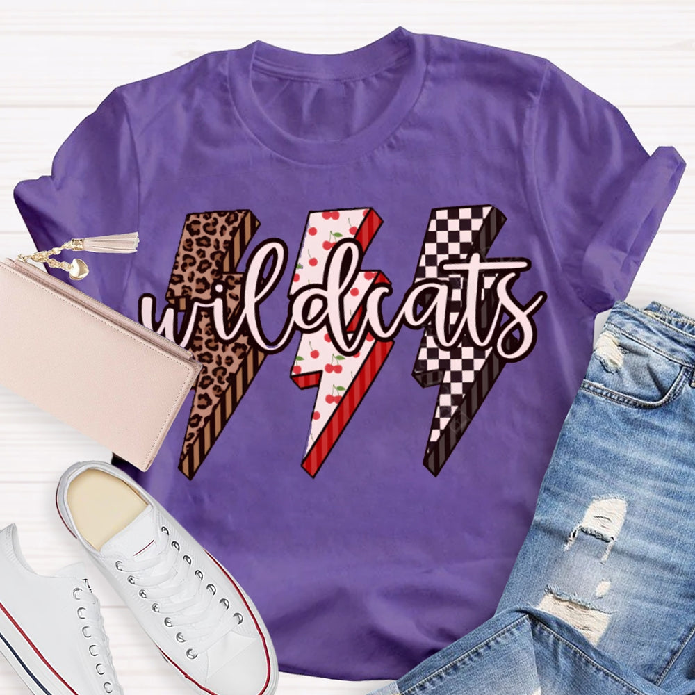 Personalized Mascot Wild Cats Leopard And Plaid Lightning Print T-shirt