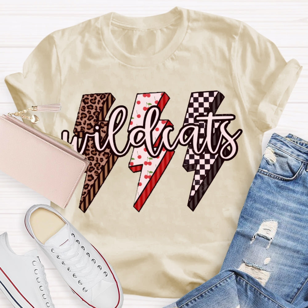 Personalized Mascot Wild Cats Leopard And Plaid Lightning Print T-shirt