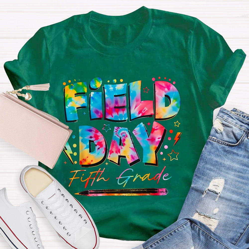 Personalized Grade Fifth Grade Field Day Colorful Tie-Dye Font T-shirt
