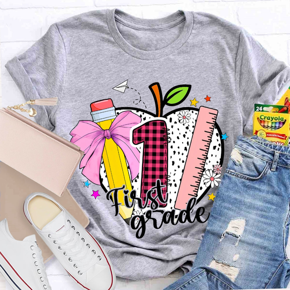 Personalized Grade Colored Bow Pencils And Polka Dot Apples T-shirt