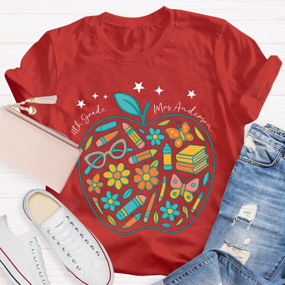 Personalized Name And Grade Fourth Grade Pencil And Small Flower Wrapped In Apple T-shirt