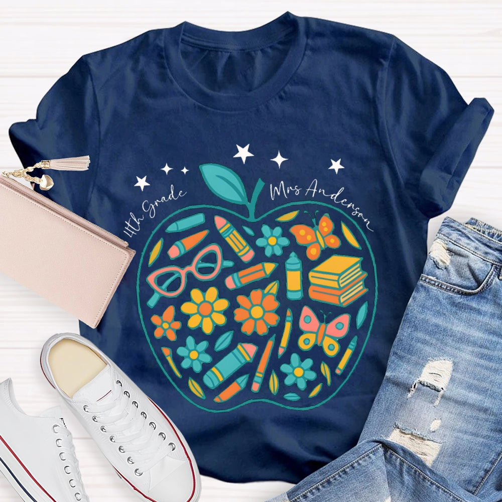 Personalized Name And Grade Fourth Grade Pencil And Small Flower Wrapped In Apple T-shirt