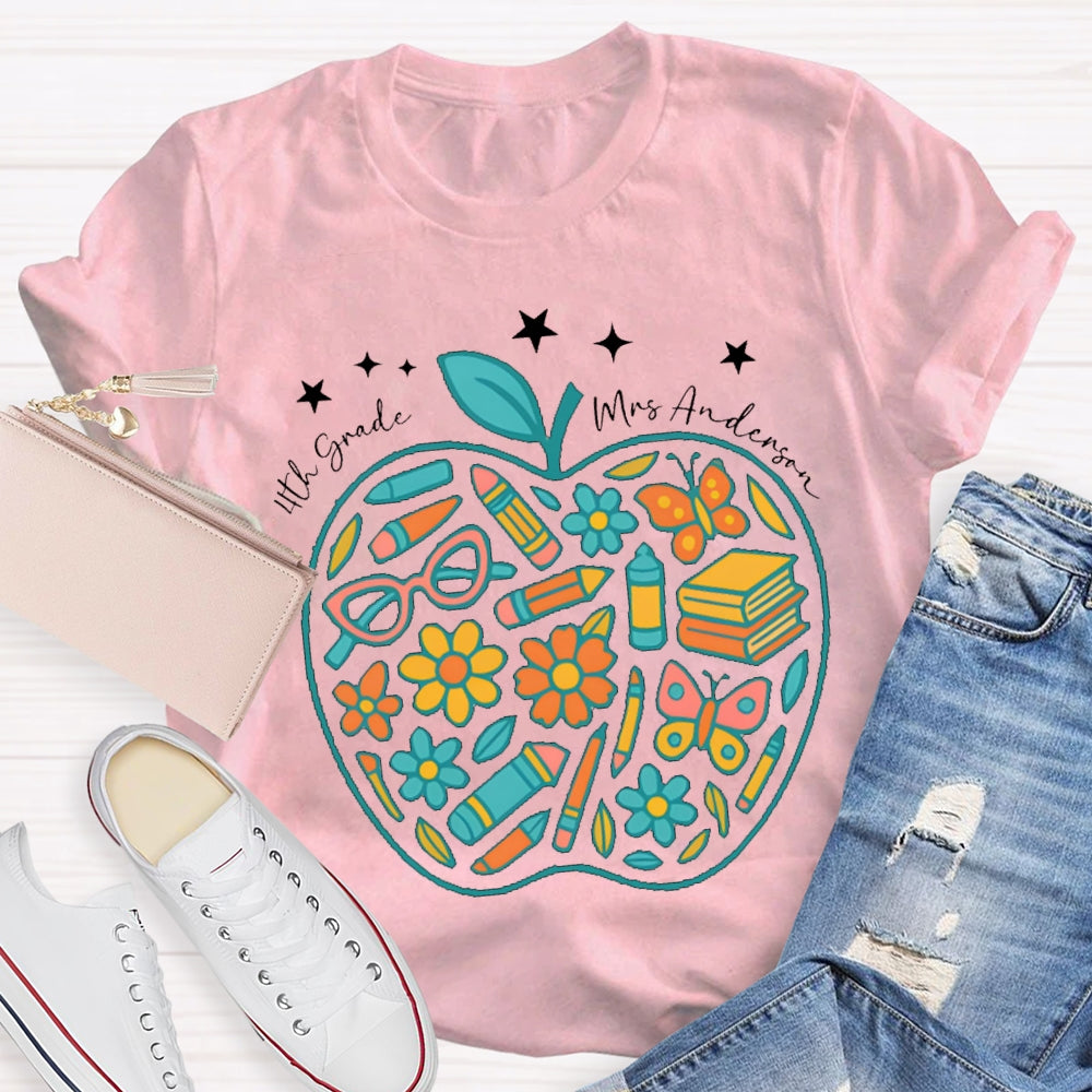 Personalized Name And Grade Fourth Grade Pencil And Small Flower Wrapped In Apple T-shirt
