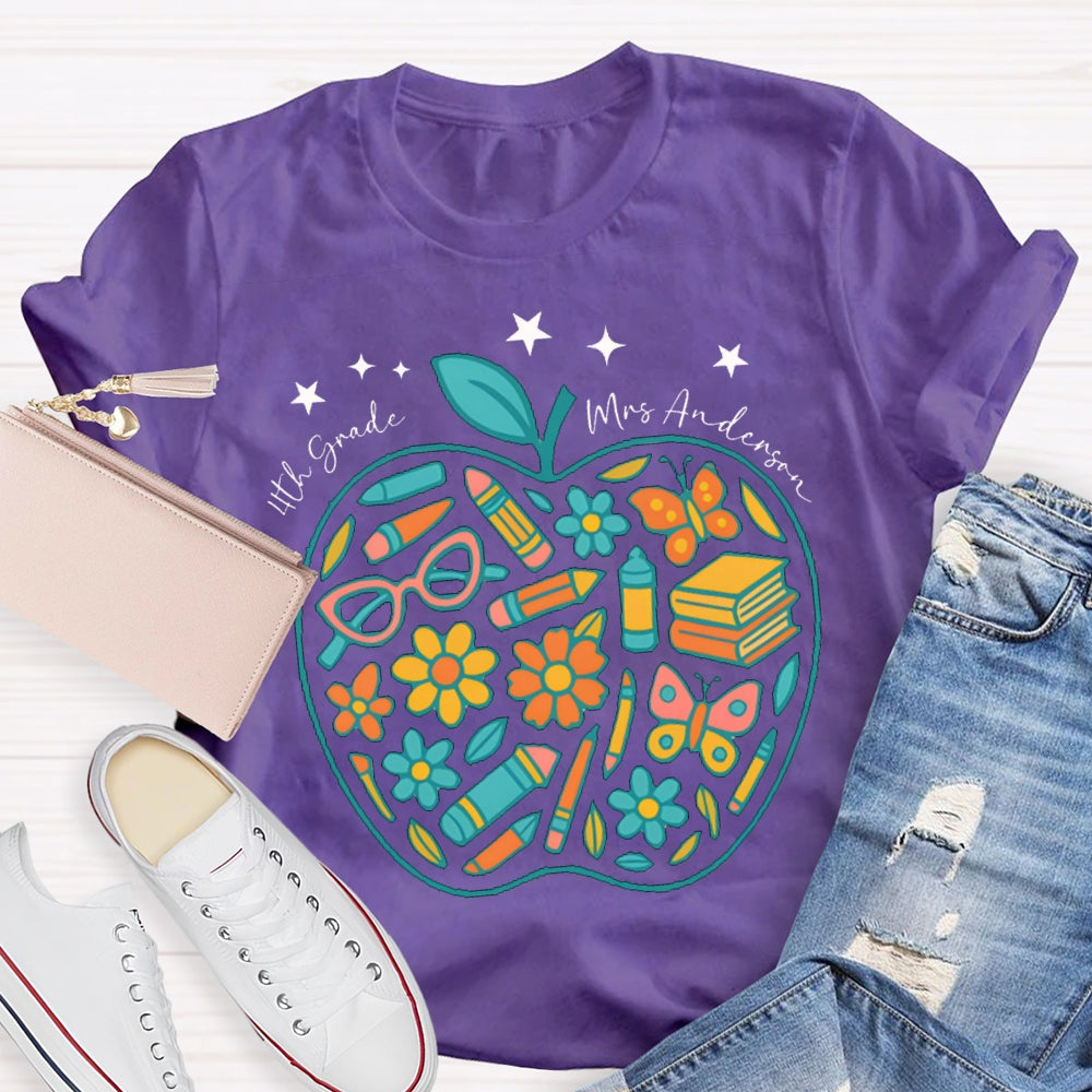 Personalized Name And Grade Fourth Grade Pencil And Small Flower Wrapped In Apple T-shirt