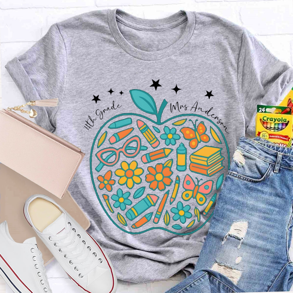 Personalized Name And Grade Fourth Grade Pencil And Small Flower Wrapped In Apple T-shirt