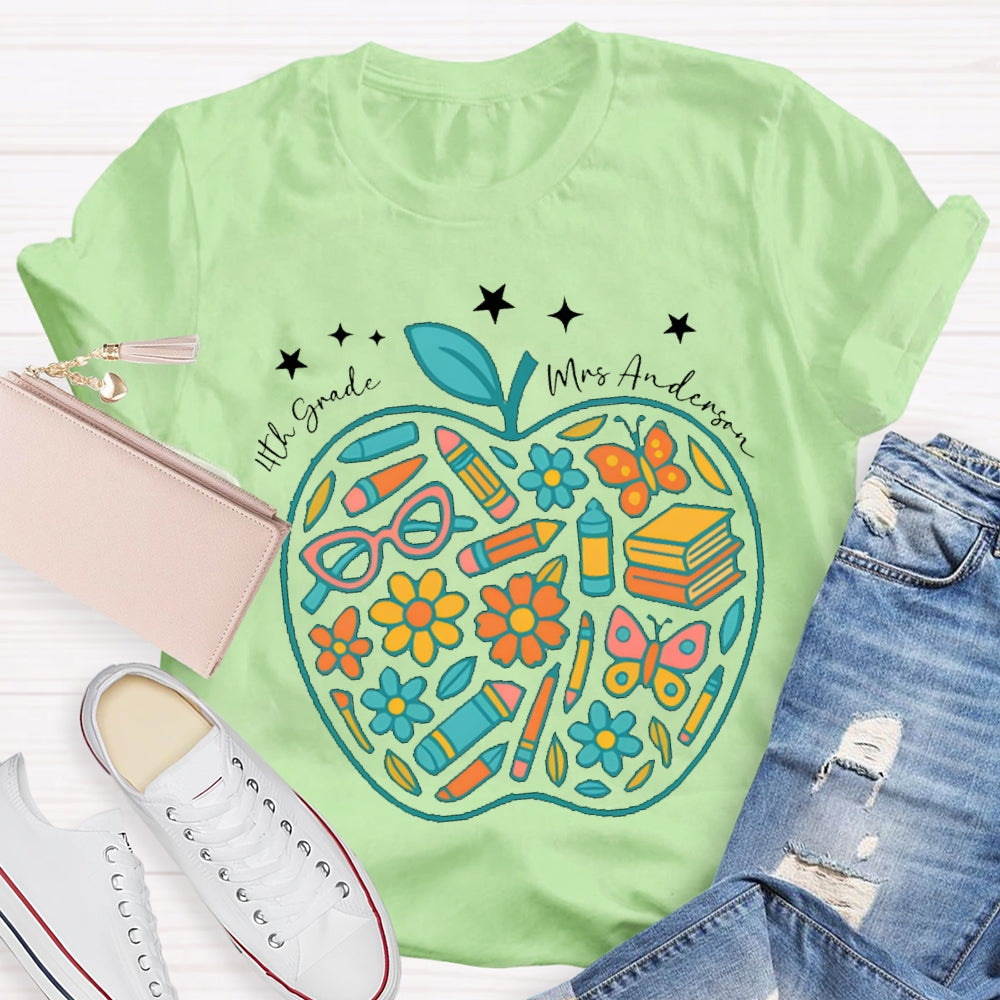 Personalized Name And Grade Fourth Grade Pencil And Small Flower Wrapped In Apple T-shirt