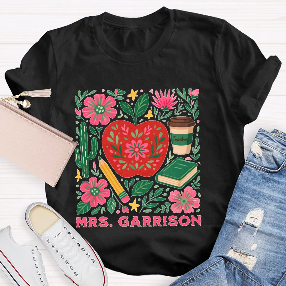 Personalized Name Teacher Flower Apple Funny T-shirt