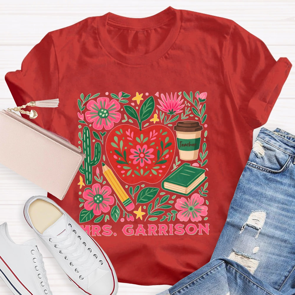 Personalized Name Teacher Flower Apple Funny T-shirt