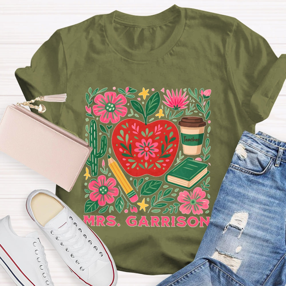 Personalized Name Teacher Flower Apple Funny T-shirt