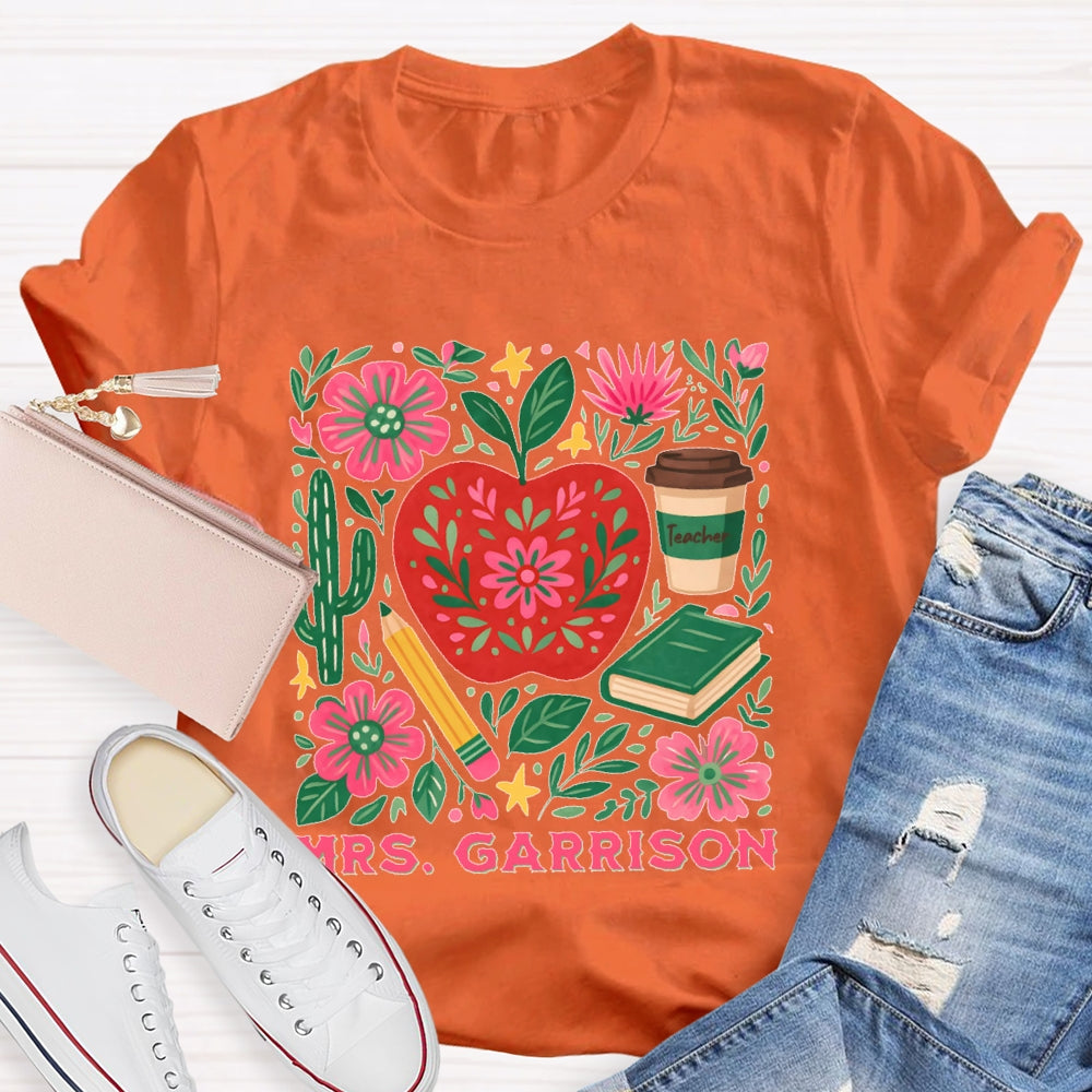 Personalized Name Teacher Flower Apple Funny T-shirt