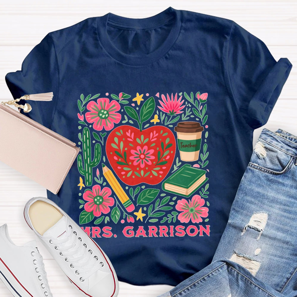Personalized Name Teacher Flower Apple Funny T-shirt