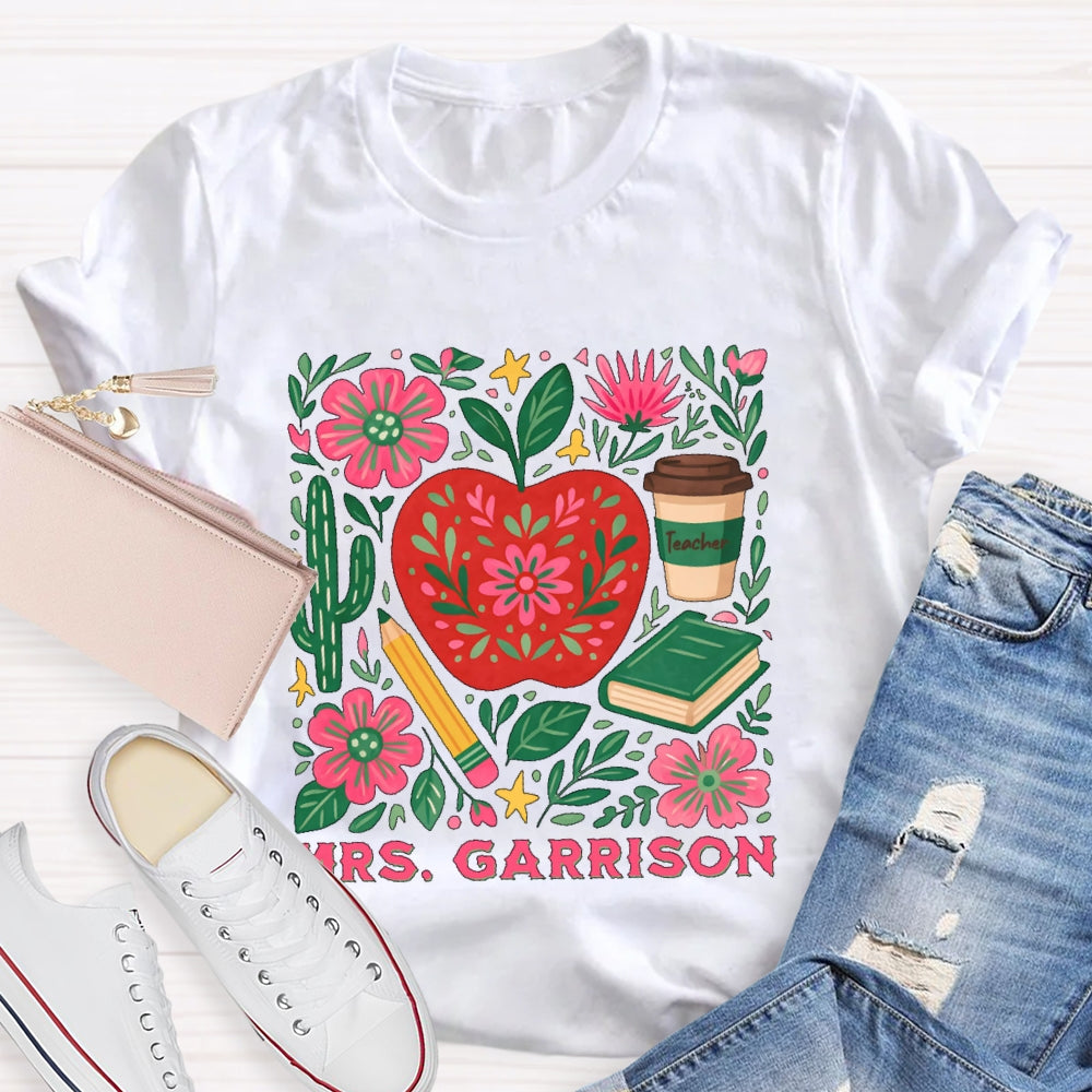 Personalized Name Teacher Flower Apple Funny T-shirt