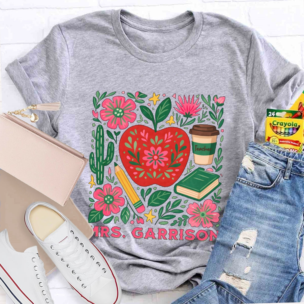 Personalized Name Teacher Flower Apple Funny T-shirt