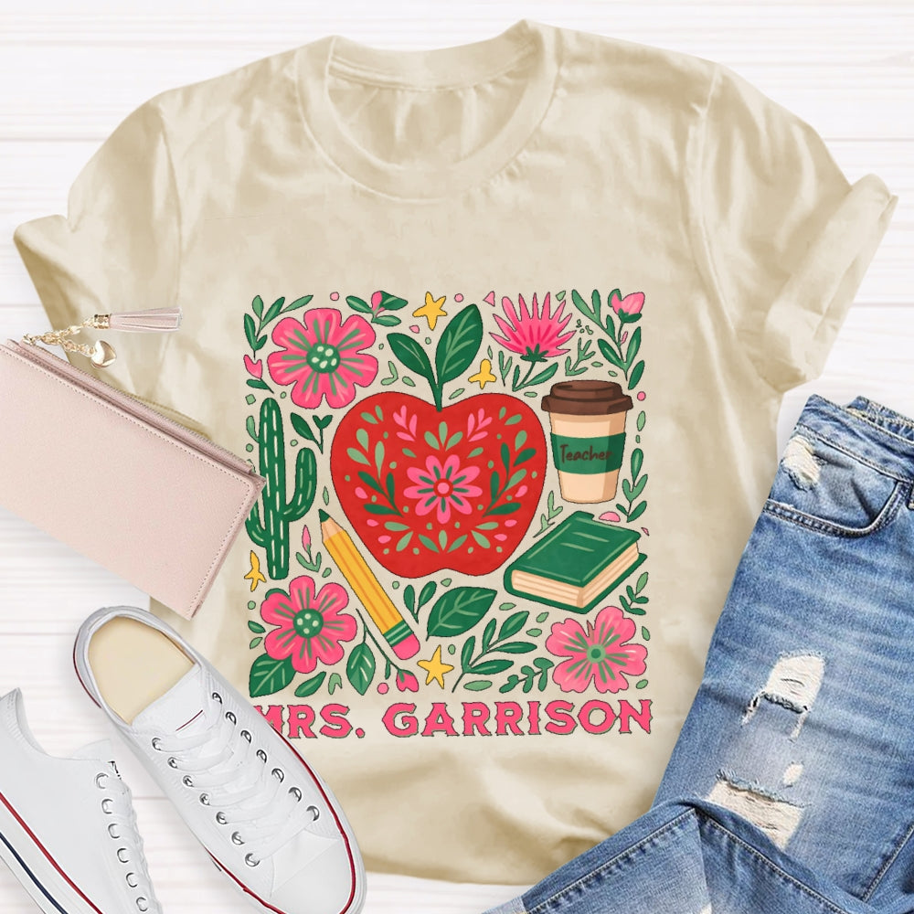Personalized Name Teacher Flower Apple Funny T-shirt