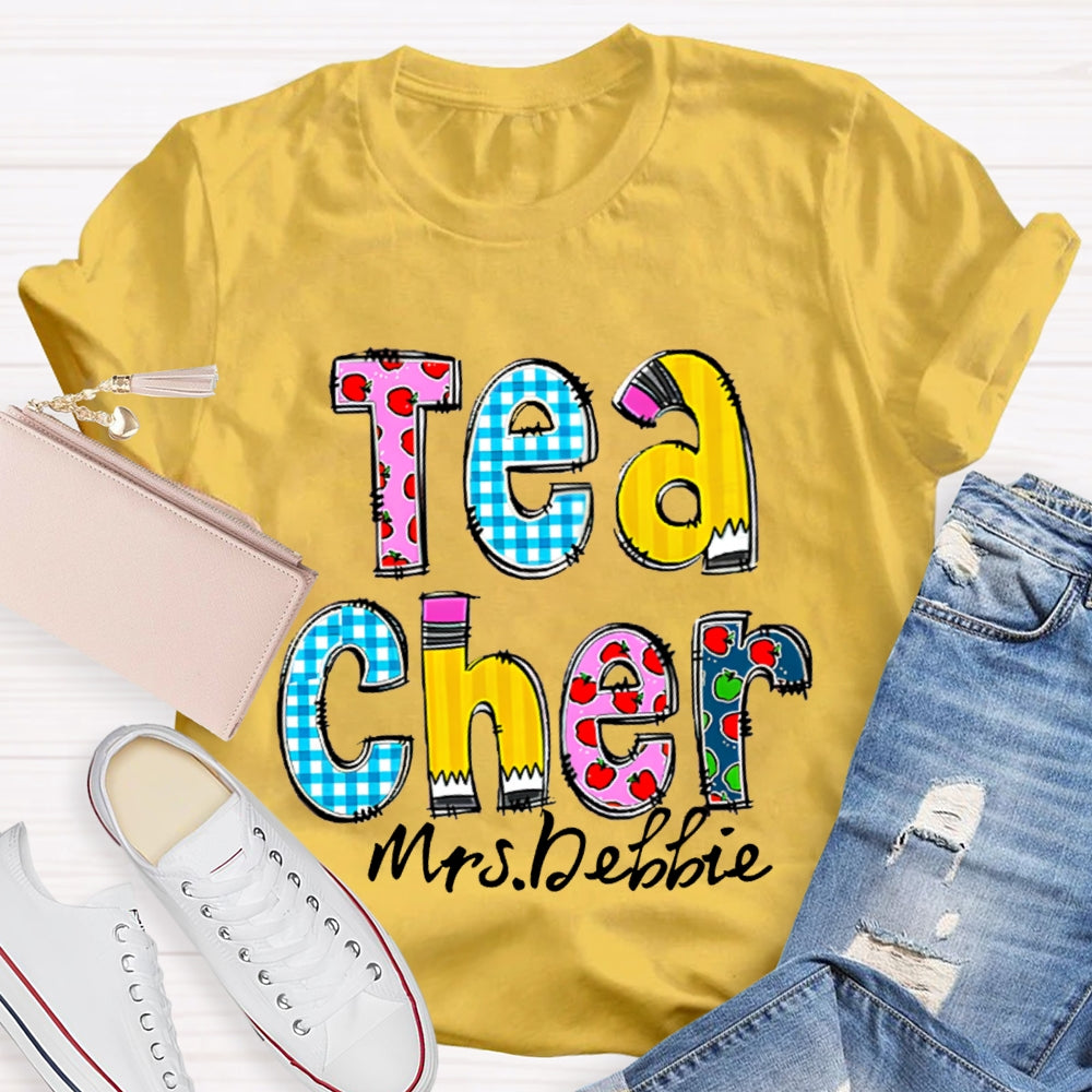 Personalized Name Teacher Letter Pencil Apple Pattern T-Shirt