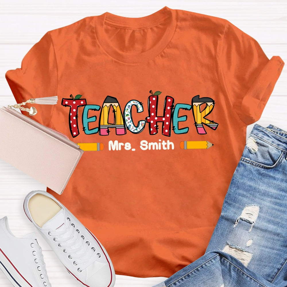 Personalized Name Crayon Apple Dot Back To School Teacher T-shirt