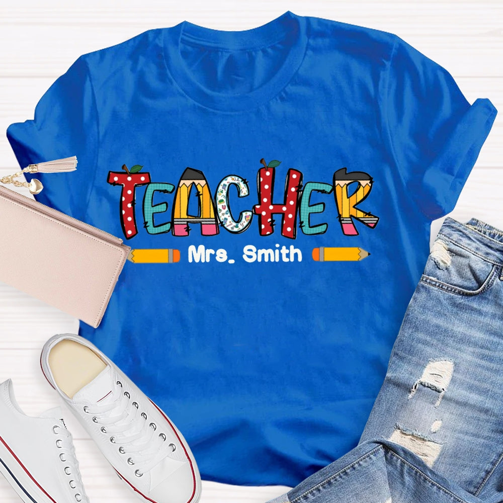 Personalized Name Crayon Apple Dot Back To School Teacher T-shirt