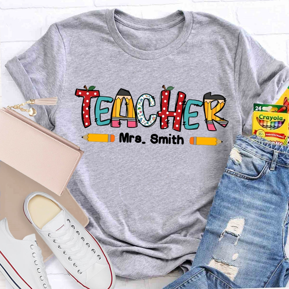 Personalized Name Crayon Apple Dot Back To School Teacher T-shirt