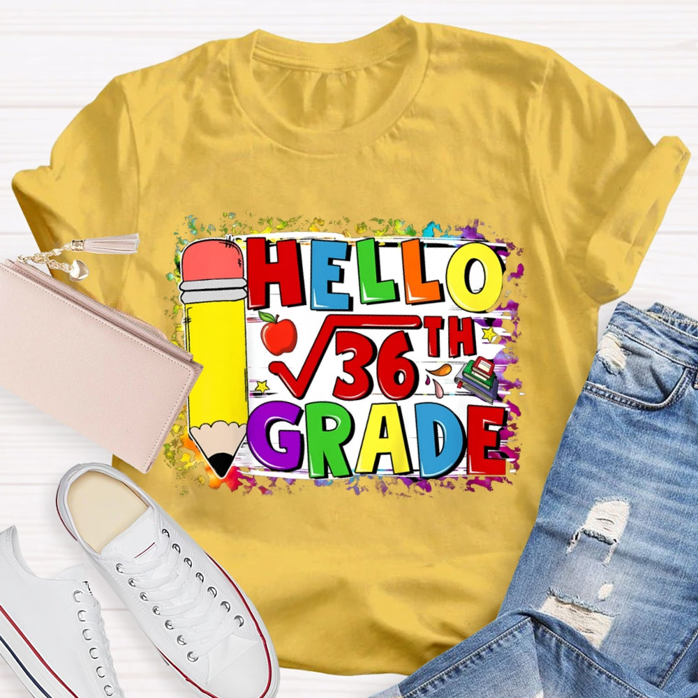Personalized Name Hello Math Yellow Pencil And Tie-Dye Strokes Math Teacher T-Shirt
