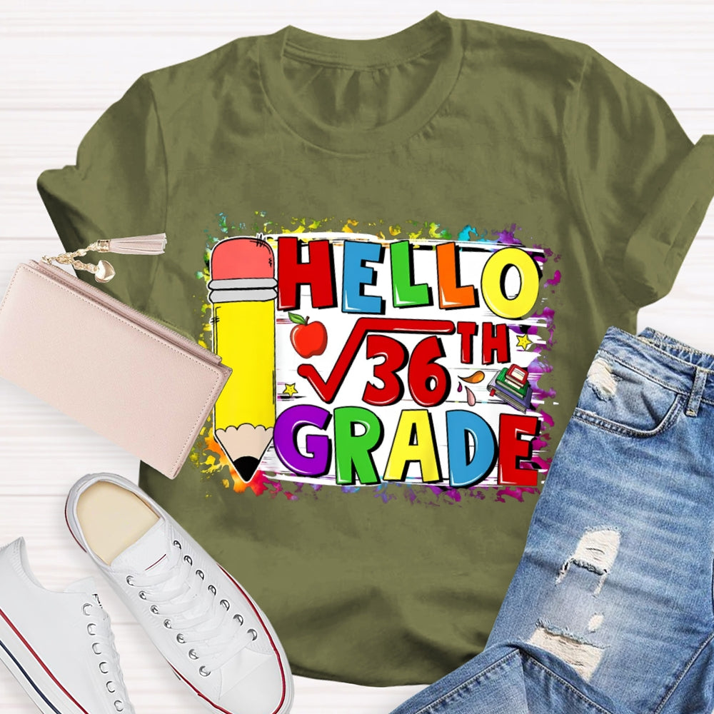 Personalized Name Hello Math Yellow Pencil And Tie-Dye Strokes Math Teacher T-Shirt