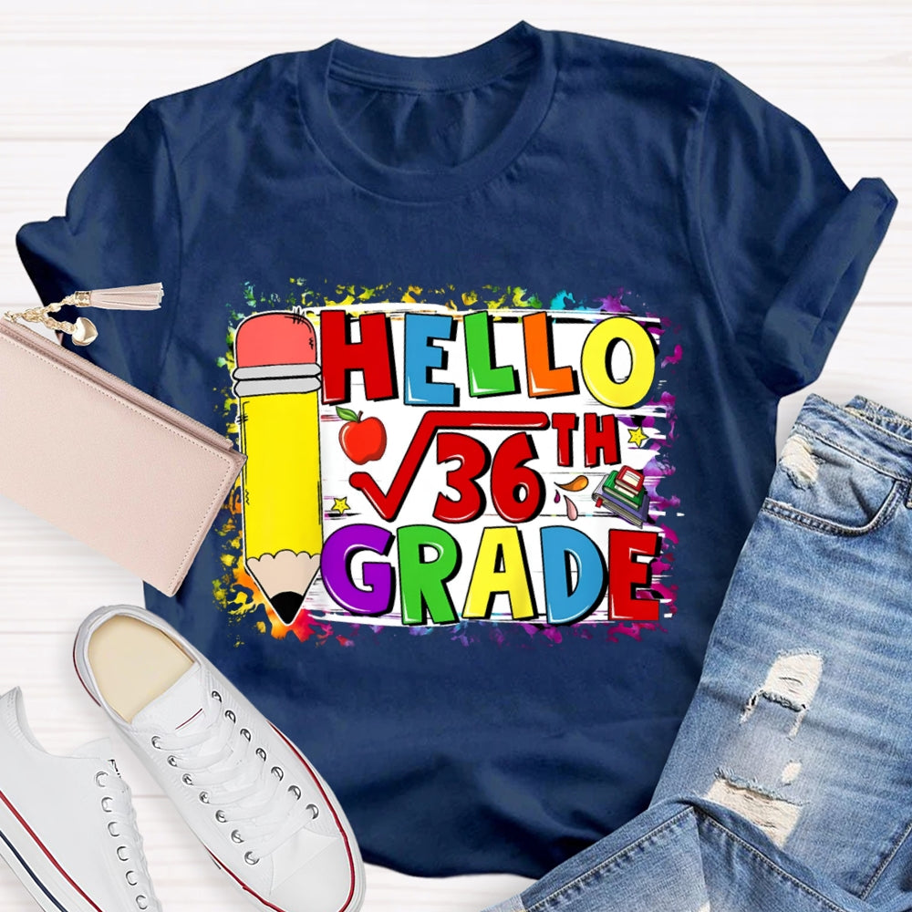 Personalized Name Hello Math Yellow Pencil And Tie-Dye Strokes Math Teacher T-Shirt