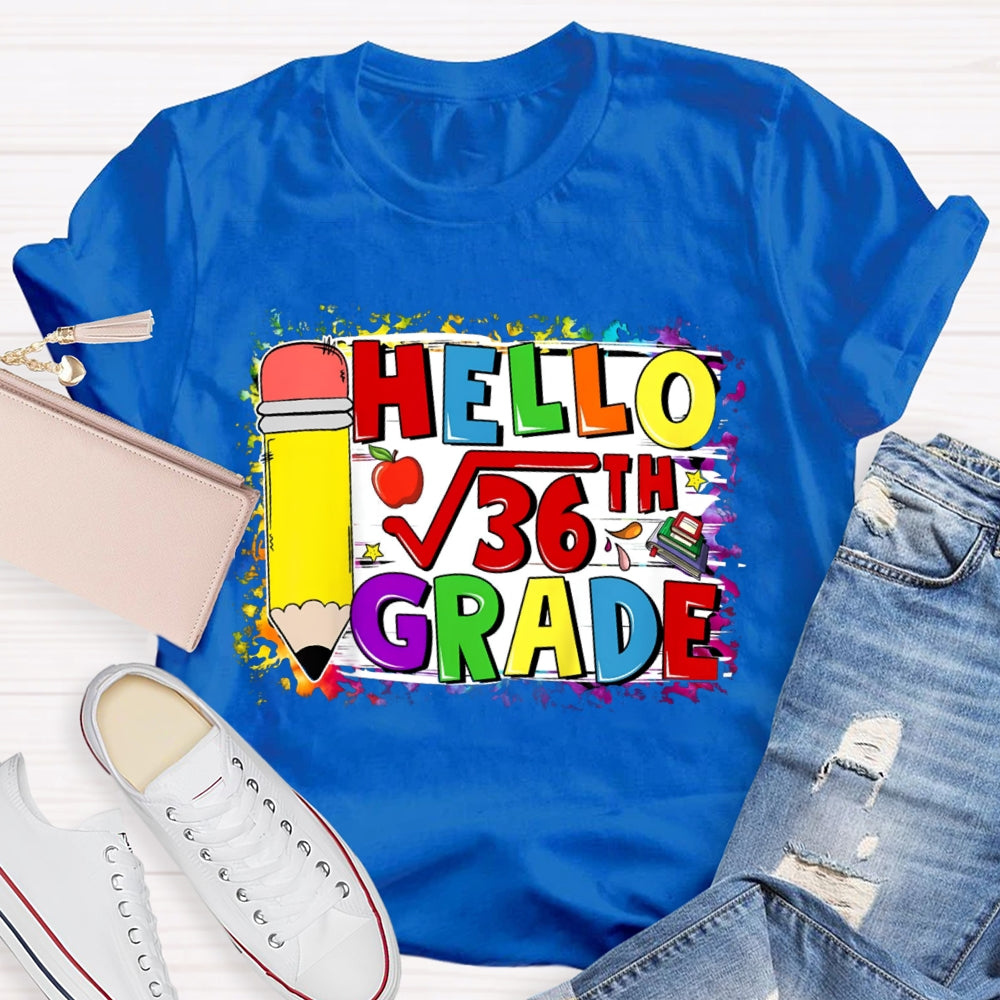 Personalized Name Hello Math Yellow Pencil And Tie-Dye Strokes Math Teacher T-Shirt