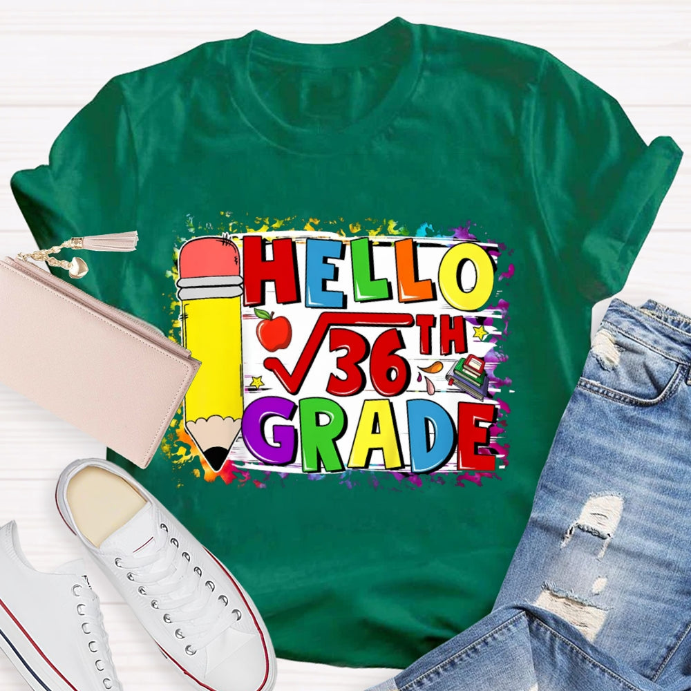Personalized Name Hello Math Yellow Pencil And Tie-Dye Strokes Math Teacher T-Shirt