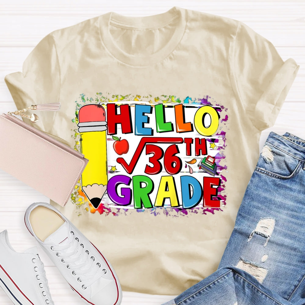 Personalized Name Hello Math Yellow Pencil And Tie-Dye Strokes Math Teacher T-Shirt