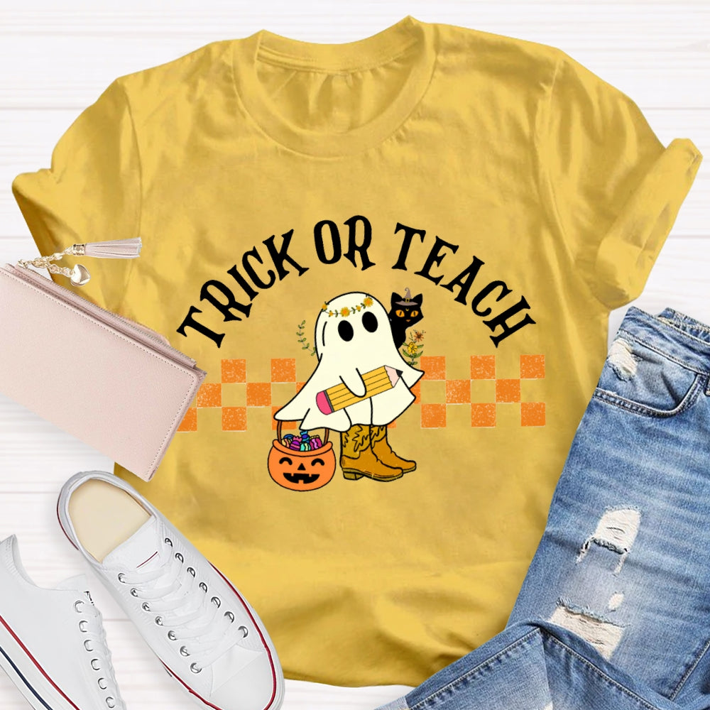 Trick Or Teach Cute Ghost Holding A Pencil Halloween T-shirt