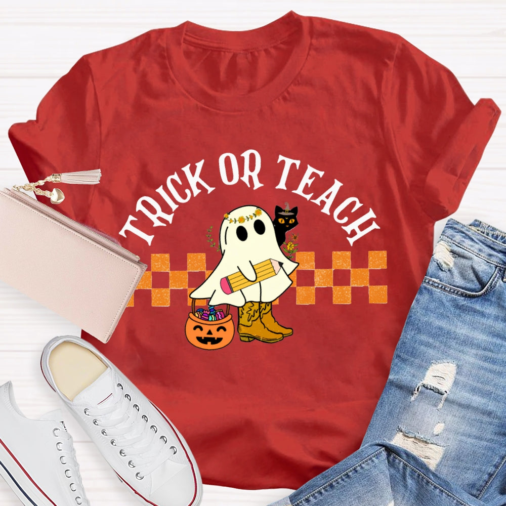 Trick Or Teach Cute Ghost Holding A Pencil Halloween T-shirt