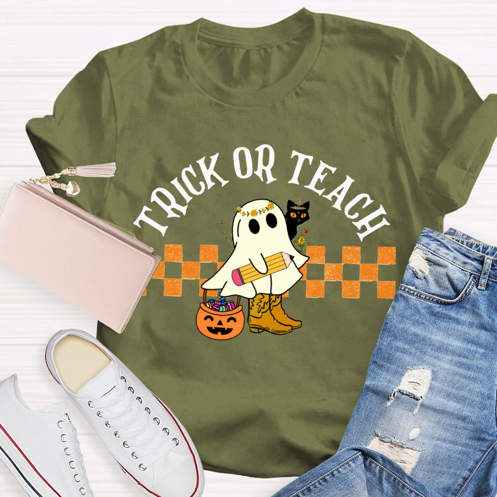 Trick Or Teach Cute Ghost Holding A Pencil Halloween T-shirt