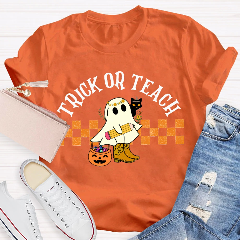 Trick Or Teach Cute Ghost Holding A Pencil Halloween T-shirt