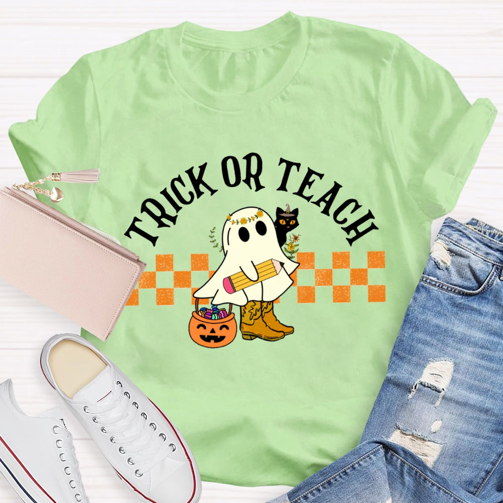 Trick Or Teach Cute Ghost Holding A Pencil Halloween T-shirt