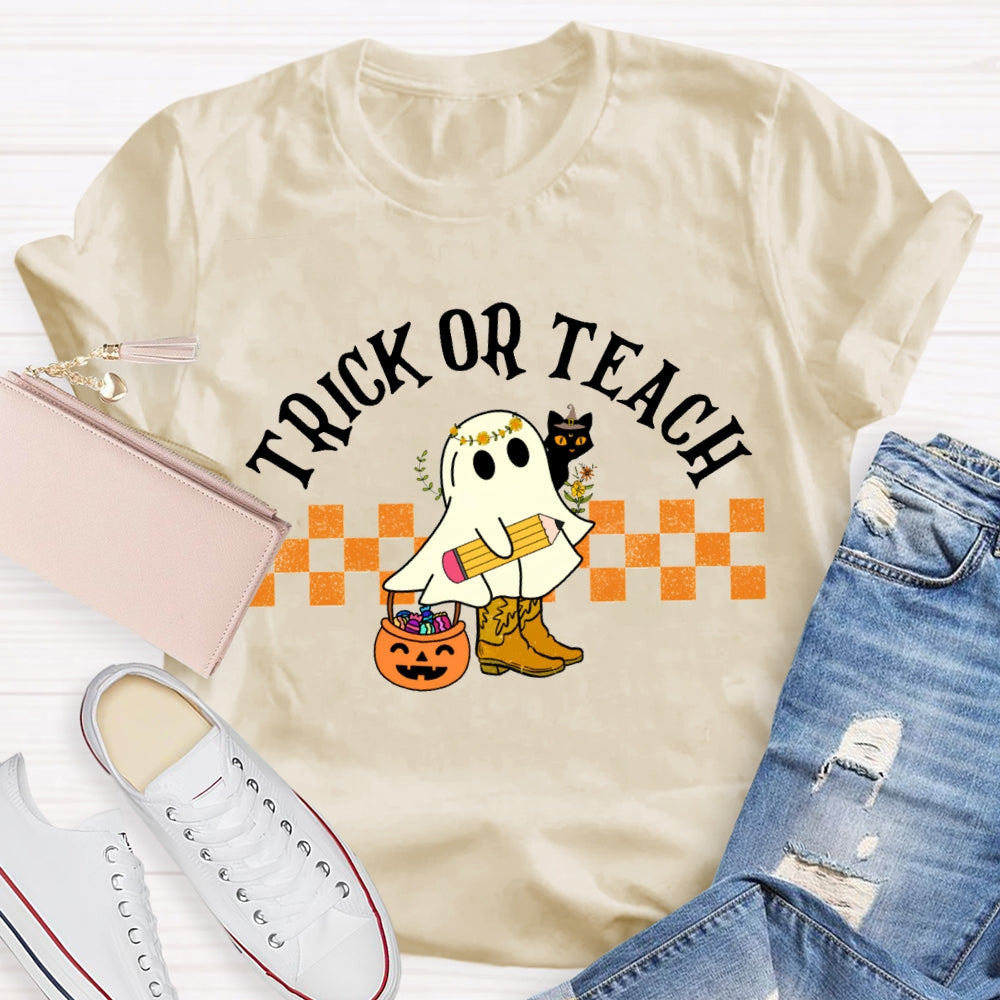 Trick Or Teach Cute Ghost Holding A Pencil Halloween T-shirt
