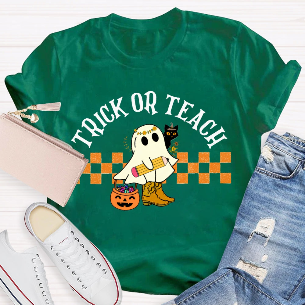 Trick Or Teach Cute Ghost Holding A Pencil Halloween T-shirt