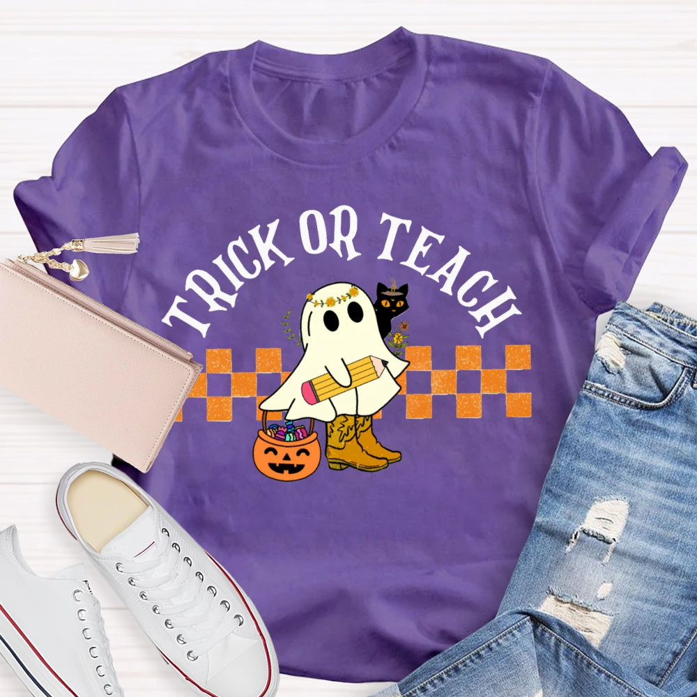 Trick Or Teach Cute Ghost Holding A Pencil Halloween T-shirt