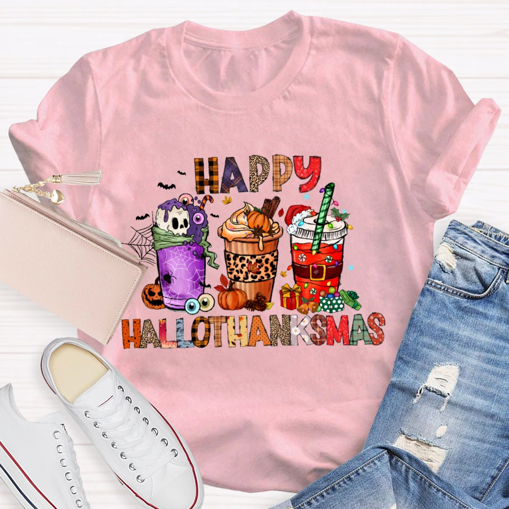 Happy Hallothanksmas Funny Colorful Coffee Cups T-shirt