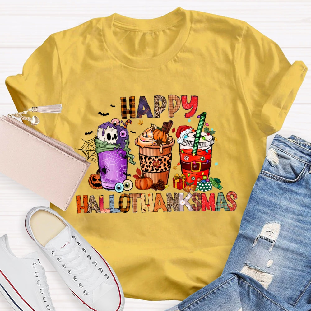 Happy Hallothanksmas Funny Colorful Coffee Cups T-shirt
